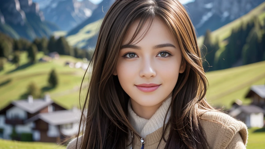 masterpiece, Best Quality, Photorealistic, Ultra-detailed, finely detailed, High resolution, 8K Wallpaper, 1 beautiful woman, light brown hair, foco nítido, Perfect dynamic composition, Beautiful detailed eyes, detailed hairs, Detailed realistic skin texture, Smiling, portrait, Model body type, The background is the village of Grindelwald, Switzerland,