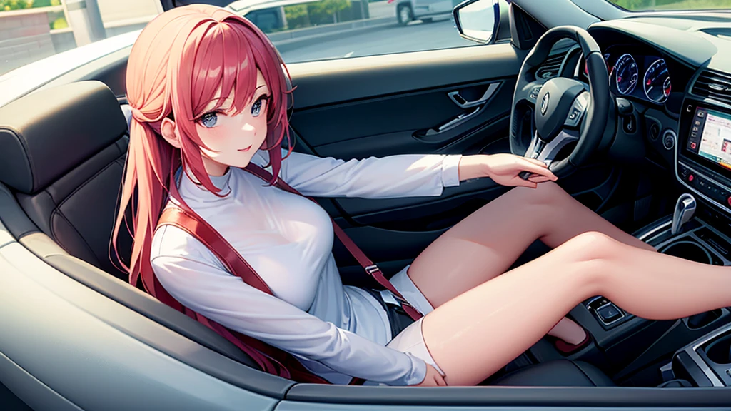 Create a cartoon-style image of a woman driving a car from inside the car。The woman sits in the driver's seat、I'm holding the handle。Attention to detail inside the car、Dashboard and seats、Rearview mirrors and other details are realistically depicted.。The outside scenery is the night view of the city.、The neon lights are shining brightly。The woman's expression is relaxed.、Make sure you convey that you are enjoying driving.。Overall warm colours、Create a pleasant atmosphere。