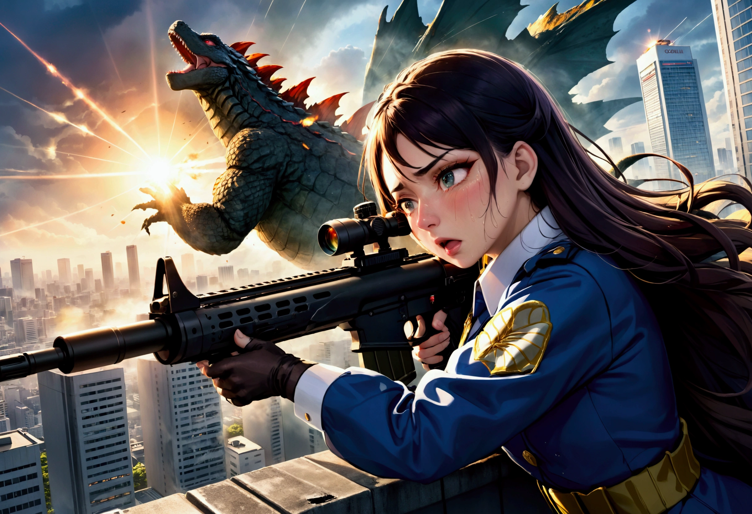 A woman in japanese MONARCH uniform is on a damaged skyscraper, she is crying and aiming a huge sniper rifle at Godzilla, Tokyo