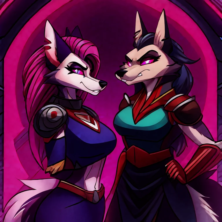 (masterpiece, best quality: 1.2), Anubis Hellhound, a bodyguard, wolf, furry, and next to her a female hellhound, an amazing boss, hypnotized with glowing purple eyes, serious and angry face, wearing futuristic armor, , in futuristic room background