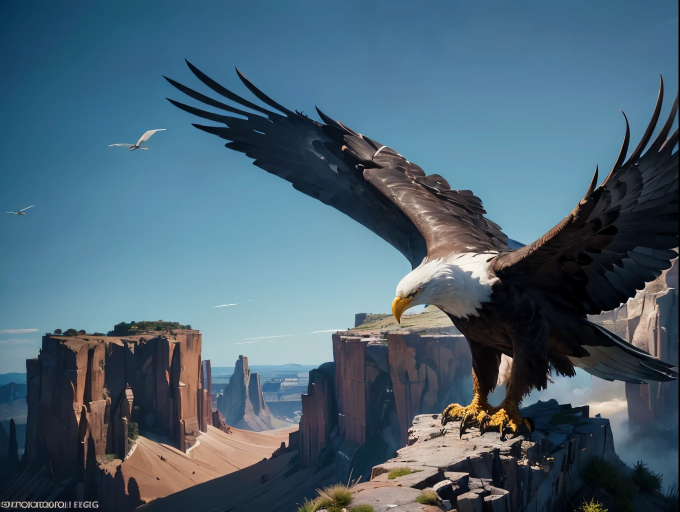 a majestic eagle, photo-realistic, detailed wings, sharp beak, piercing eyes, powerful talons, flying over a rugged landscape, dramatic lighting, vibrant colors, cinematic composition, (best quality,8k,highres,masterpiece:1.2),ultra-detailed,(realistic,photorealistic,photo-realistic:1.37),detailed feathers,dramatic sky,cinematic lighting,stunning scenery,breathtaking vista