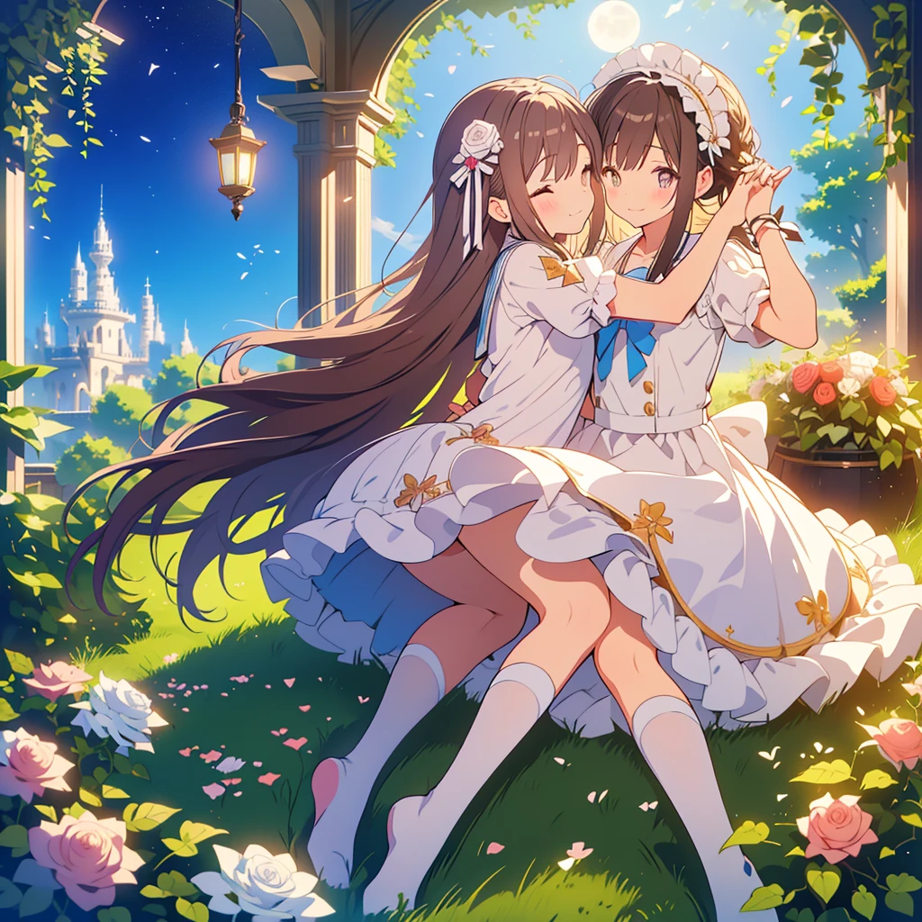 kawaii, anime, Cute, hyper quality, highly detailed, 8k, Front facing, Clarity, dark brown long hair, smile, white rose, Set in Alice's Wonderland, planted white roses, white rose petals are dancing, Draw facial expressions in detail, striped overknee socks, Alice's maid costume with big ribbon, mark with sue, playing cards, clock, fairy tale, fantasy, shine of light, close both eyes, close your eyes and smile, The bodies of the two sisters dance, Gradation of evening and night sky, full moon and crescent moon, whole body, Twisted trees of different sizes, twisted ivy, Both sisters have long dark brown hair., white roses bloom, white rose petals, small angel wings on the back, striped long socks, The sky dyed in twilight, rising ground, ribbon headband, undulating rose thorns, 	