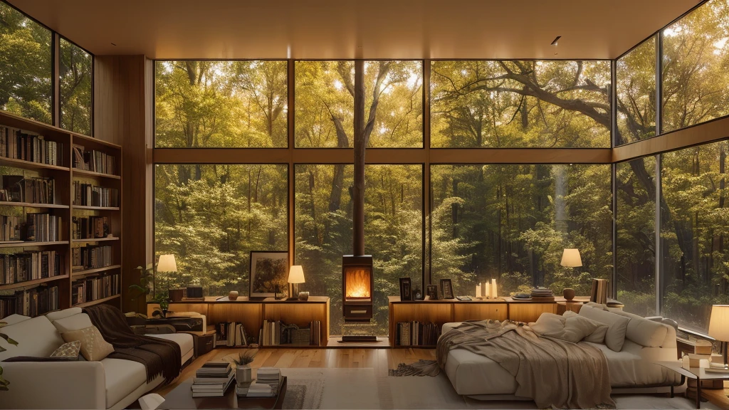 Arav view of the living room with sofa, Chair, and bookshelves, The forest can be seen through the large windows at night, Modern house in the woods, Ultra-realistic VRay rendering, Natural window lighting, Lush trees and warm windows, vray 8k rendering, Simple wooden house, Floor-to-ceiling windows, Unreal Engine photorealistic rendering, Warm indoors