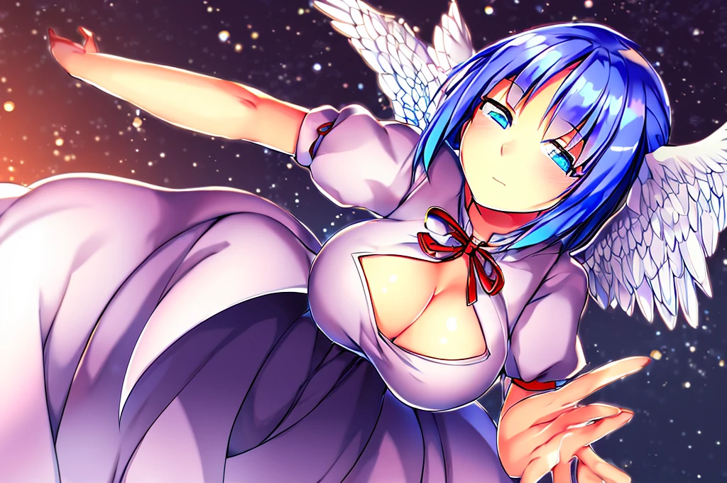 (best quality,4k,8k,highres,masterpiece:1.2), ultra-detailed, highly detailed texture, intricate details, high quality textures, A cute teenage angel with blue eyes, drawn in anime style, 1girl, , , 10 years old, medium blue hair, hair flaps, pink ribbon on head, well-formed face, blue eyes, angel girl, white blouse, puffy short sleeves, red ribbon, angel wings, long white skirt, red shoes, frills, ribbon head, A pair of angel wings on the back, clean line drawings, cute, from behind, to lift up one’s skirt, cowboy shot, from front, standing , raise one leg, crossed arms, arms up behind, arms behind back, hand between legs, put hands hip, one hand on hip, forward hands, arms raised in the air, punch hands, peace sign, waving, put up index finger, sit, lie down, closed eyes, lie face down, looking back, put one hand chest, leaning forward, cleavage, close up, horizontally outstretched arms, horizontally outstretched legs, front view, front face, huge breasts for short stature, cleavage is clearly visible