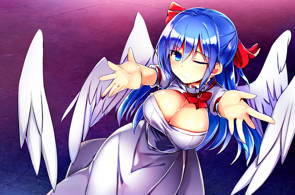 (best quality,4k,8k,highres,masterpiece:1.2), ultra-detailed, highly detailed texture, intricate details, high quality textures, A cute age angel with blue eyes, drawn in anime style, 1girl, , , 10 ydium blue hair, hair flaps, pink ribbon on head, well-formed face, blue eyes, angel girl, white blouse, puffy short sleeves, red ribbon, angel wings, long white skirt, red shoes, frills, ribbon head, A pair of angel wings on the back, clean line drawings, cute, from behind, to lift up one’s skirt, cowboy shot, from front, standing , raise one leg, crossed arms, arms up behind, arms behind back, hand between legs, put hands hip, one hand on hip, forward hands, arms raised in the air, punch hands, peace sign, waving, put up index finger, sit, lie down, closed eyes, lie face down, looking back, put one hand chest, leaning forward, cleavage, close up, horizontally outstretched arms, horizontally outstretched legs, front view, front face, huge breasts for short stature, cleavage is clearly visible