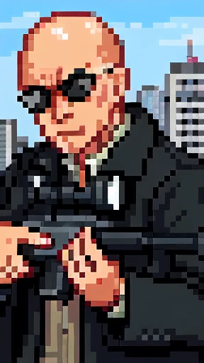 highres, 8k, ultra-detailed, realistic, photorealistic, cinematic, dramatic, masterpiece, 63 years old japanese man, bald, sniper, sniper rifle:1.4, on top of building, aiming rifle, taking shot:1.5, wearing sunglasses, long coat, precise, intense, action, focused, determined expression