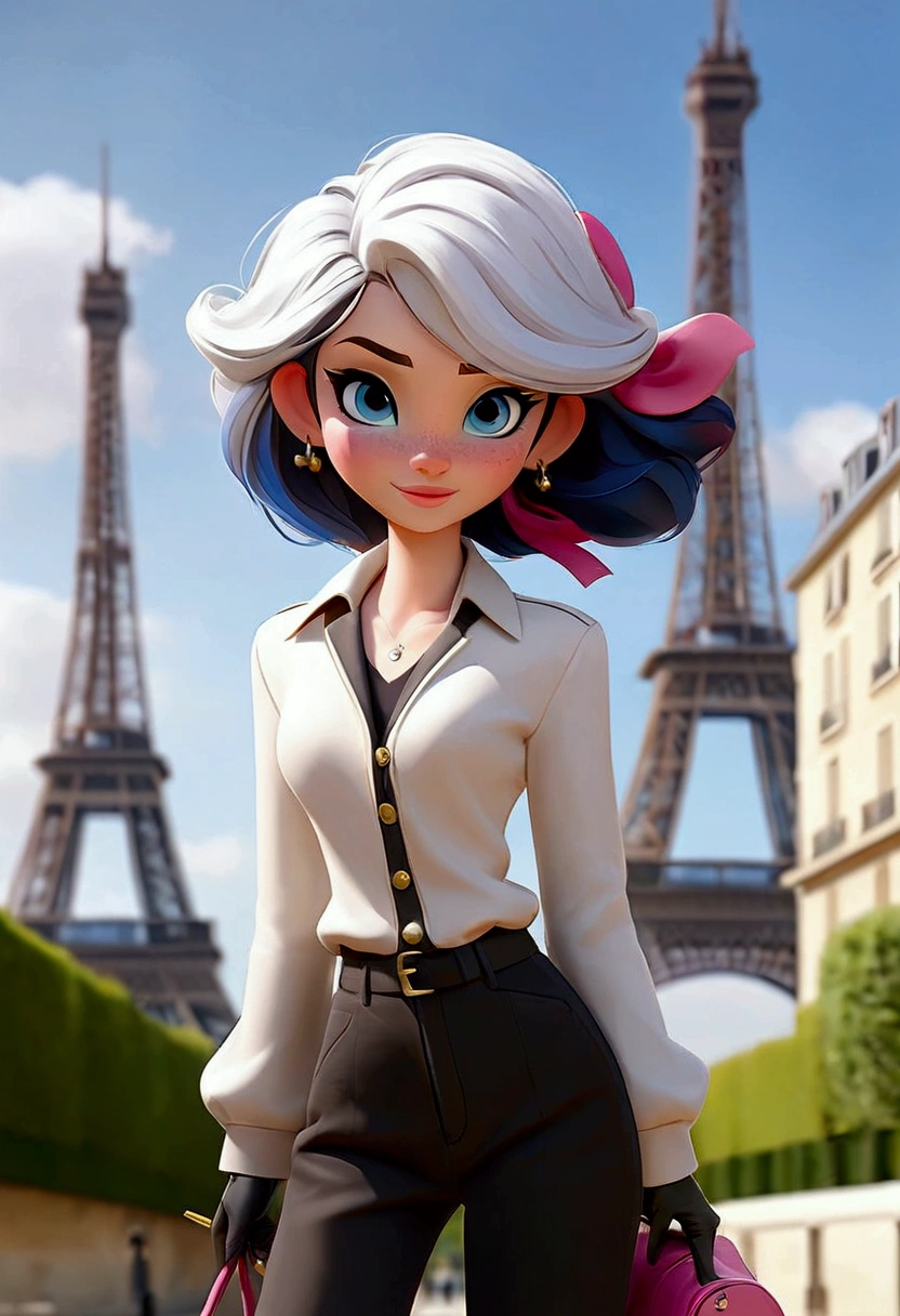 marinette dupain-cheng, white shirt, black jacket, small jacket, pink pants, 1girl, solo, blue eyes, blue hair, paris, eiffel tower, blue sky, smiley face, open, walking,