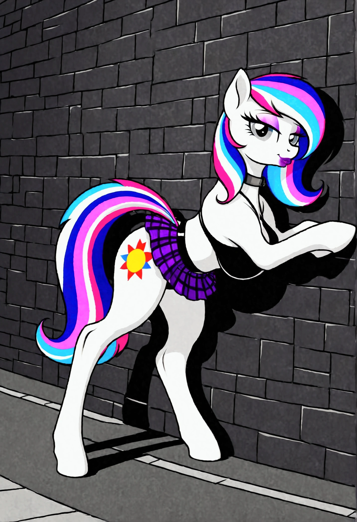 vibrant colors, 8K, high resolution, highly detailed, masterpiece, ((my little pony)), (black striped white hair), (pale white body), (gray eyes), standing, big breasts, beautiful body, purple lips, thong, slave, short patterned skirt, light top, ((slut pose on wall)), street 