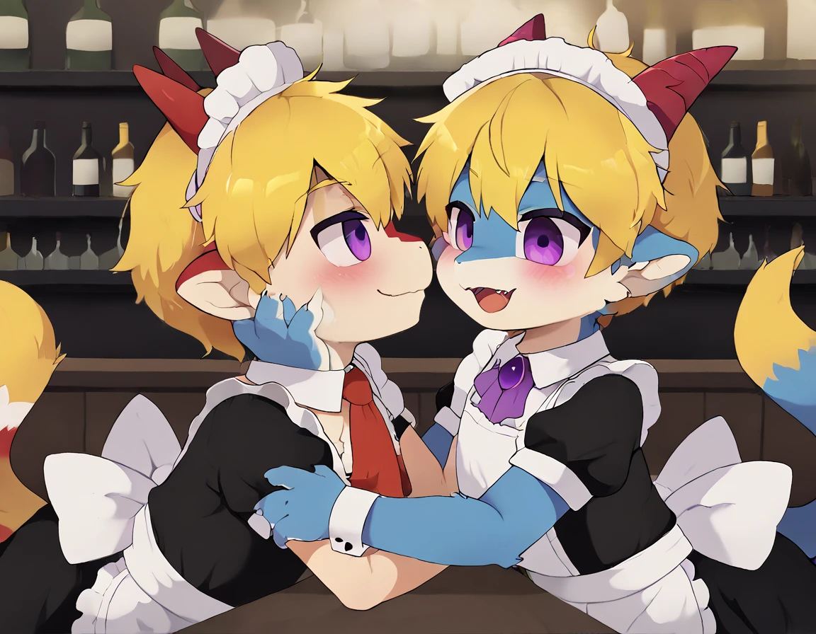 A male dragon have blue fur with 2 red horn on the head, yellow hair and purple eyes, wear maid clothes severing in bar but in bar have a lot of human old man want touching