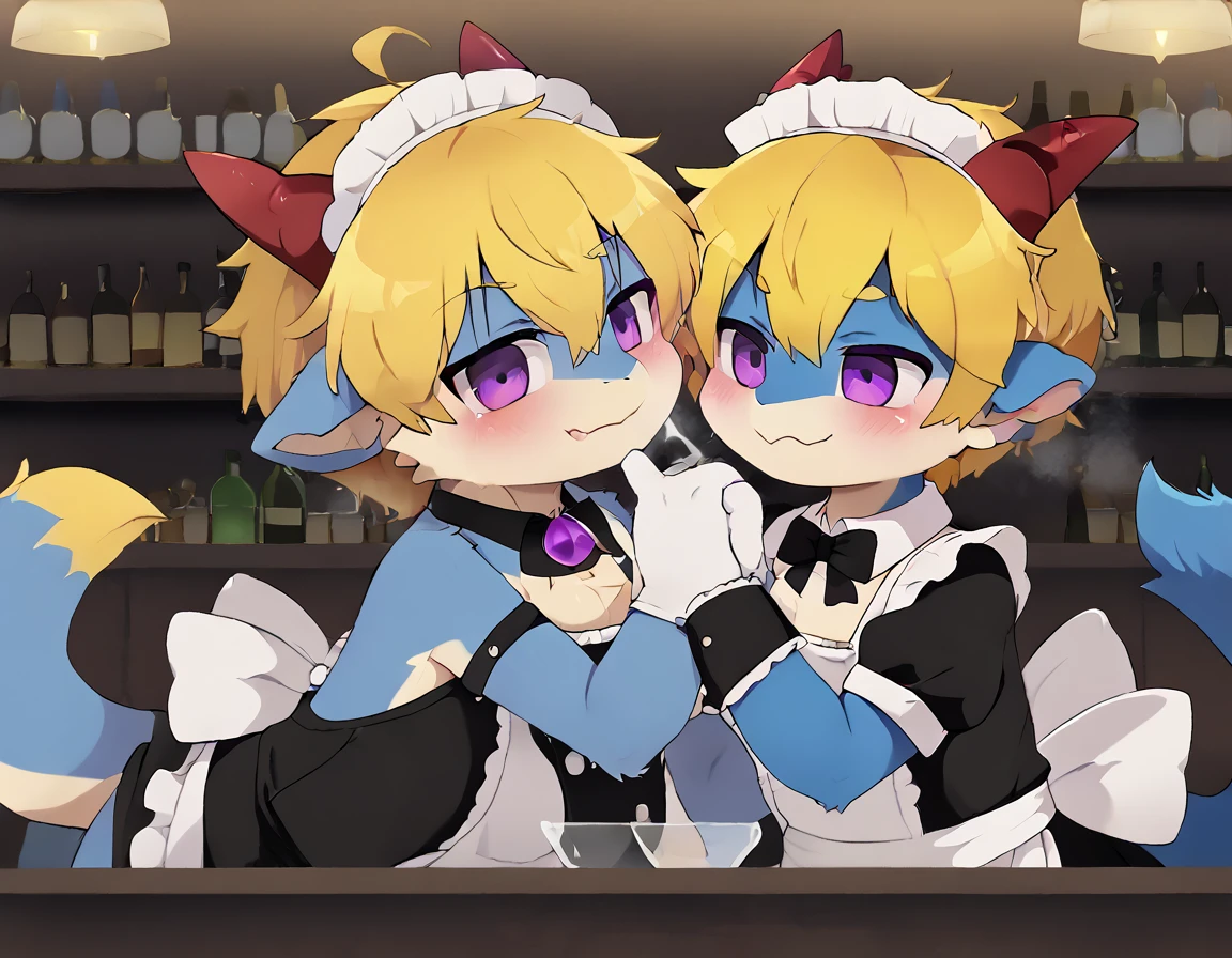 A male dragon have blue fur with 2 red horn on the head, yellow hair and purple eyes, wear maid clothes severing in bar but in bar have a lot of human old man want touching