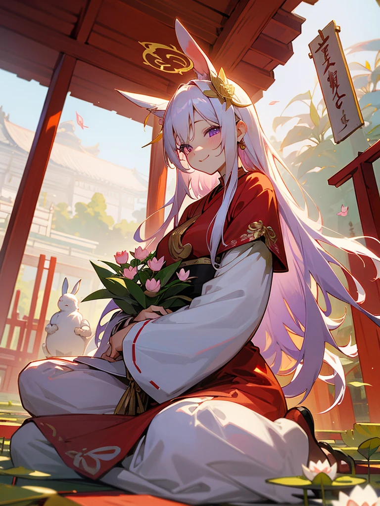 Buddha, rabbit ears, long white hair, Red Japanese pattern dress, portable shrine, festival, Angel Halo, lotus flower field, purple eyes, smile, 日の丸
, lotus bouquet, gold screen, paradise, Rose hair ornament