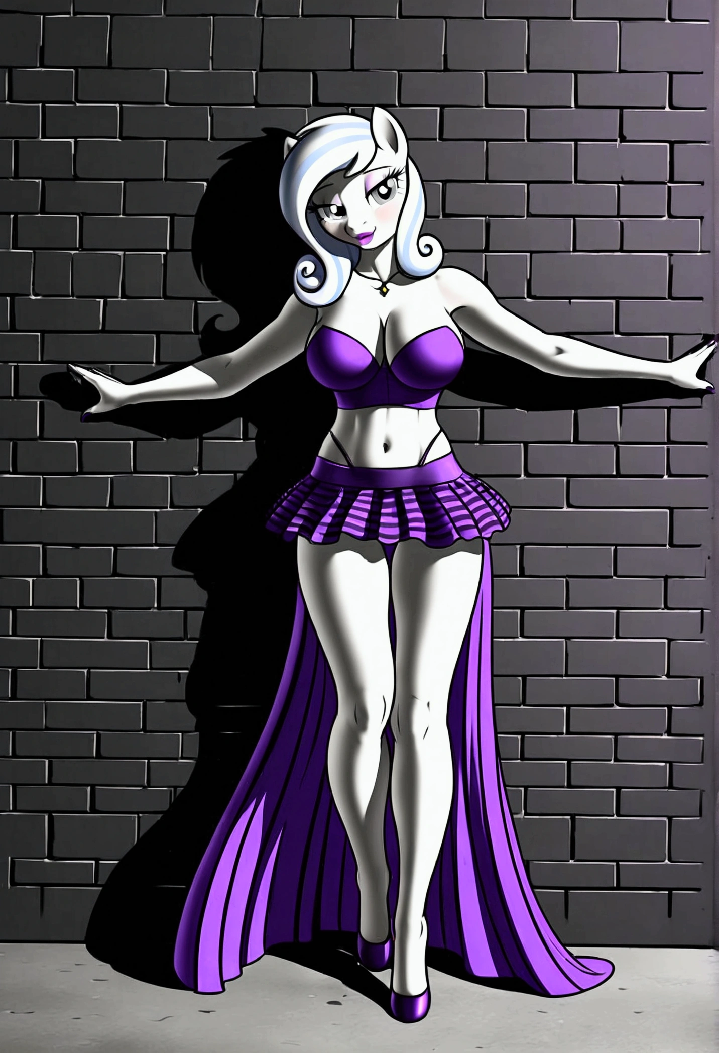 vibrant colors, 8K, high resolution, highly detailed, masterpiece, ((my little pony)), (black striped white hair), (pale white body), (gray eyes), standing, big breasts, beautiful body, purple lips, thong, slave, short patterned skirt, light top, ((slut pose on wall)), street