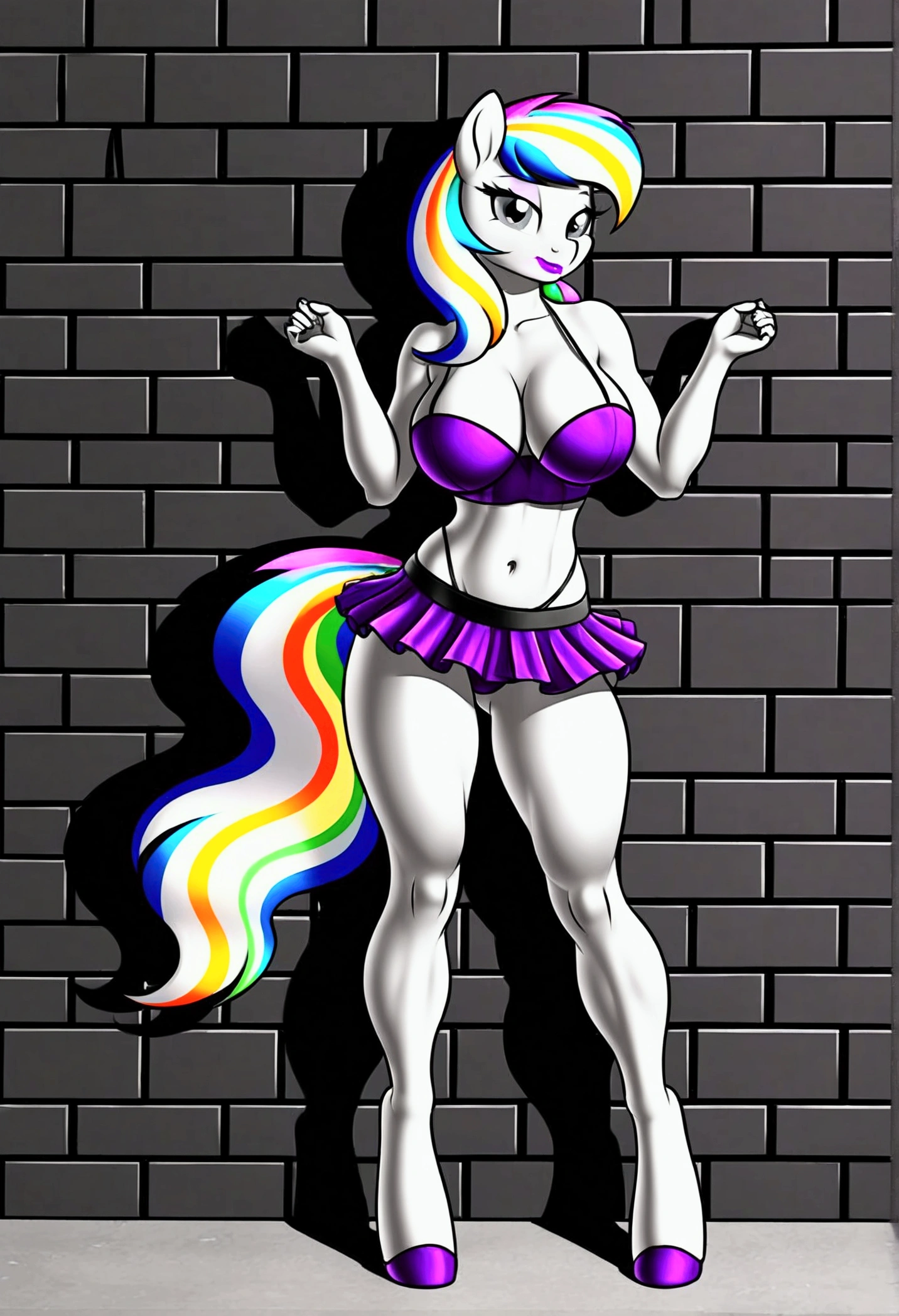 vibrant colors, 8K, high resolution, highly detailed, masterpiece, ((my little pony)), (black striped white hair), (pale white body), (gray eyes), standing, big breasts, beautiful body, purple lips, thong, slave, short patterned skirt, light top, ((slut pose on wall)), street