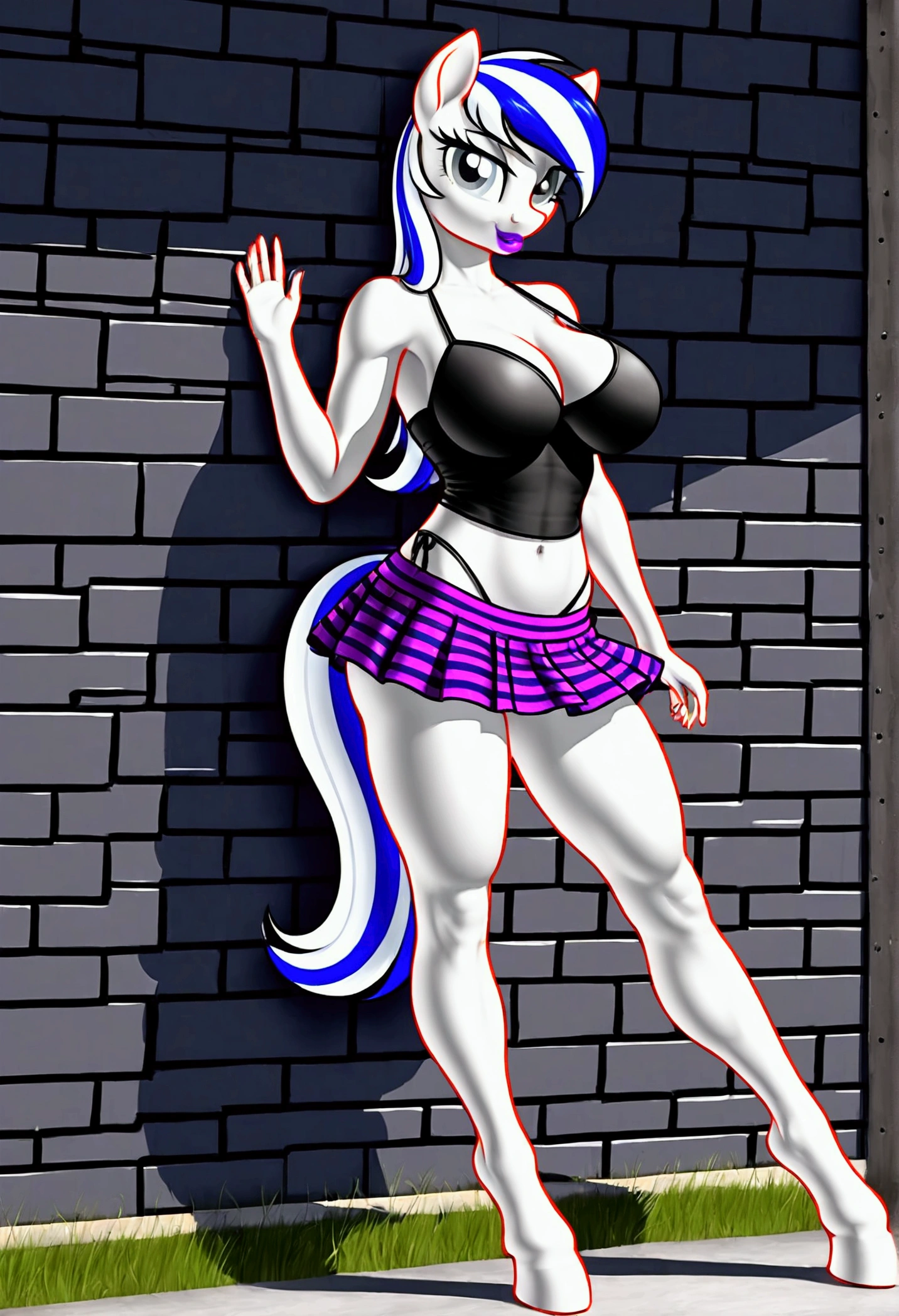 vibrant colors, 8K, high resolution, highly detailed, masterpiece, ((my little pony)), (black striped white hair), (pale white body), (gray eyes), standing, big breasts, beautiful body, purple lips, thong, slave, short patterned skirt, light top, ((slut pose on wall)), street