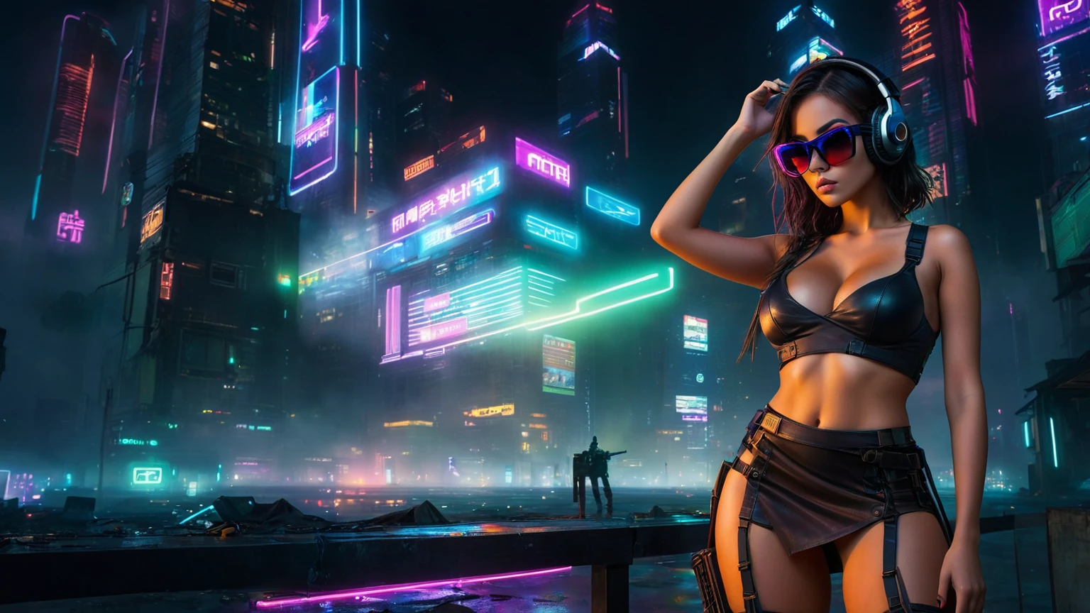 dark futuristic landscape, at night, neon lights, Atmospheric fog, large buildings in the background, futuristic city, streets with open shops, skyscraper (postapocalyptic city:1.3). (((1girl, solo, alone))), large-breast:1.2 slim body, cleavage:1.1, sexy miniskirt, (((headphone, black sunglasses, standing and holding pistol pose))), (((half-body thigh level medium shot))), cinematic lighting, lens flare, ray tracing.