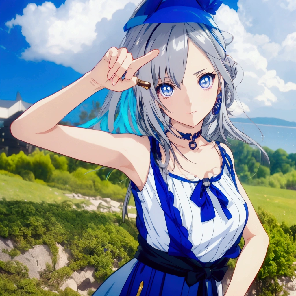 Golden Eyes、Anime girl with gray hair and blue clothes pointing at something, Realistic Anime 3D Style, Cute 3D anime girl render, Realistic young anime girl, Anime Style3D, Anime Style, Realistic anime art style, Anime Styleに, , Semi-realistic anime style, Smooth anime CG art, April Rendering, Photorealistic anime girl rendering