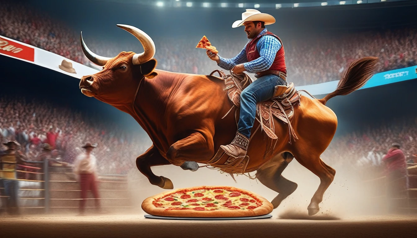 A colorful and eclectic photograph in a photorealistic and cinematic style. A rodeo rider riding a fighting bull, with a slice of pizza in his hand. The bull jumps furiously and the worker on top of him smiles, holding a slice of pizza. The setting is an arena with a huge audience watching the rodeo.  With a playful and magical atmosphere, the work presents a layered, three-dimensional quality, as if different elements had been glued to the canvas in a natural and realistic way. The composition evokes a feeling of introspection and complexity of thought. The mixed media feel of the piece contributes to the tactile and immersive experience, inviting the viewer to explore the depths of the pedestrian's thoughts and emotions. Add more, photo, fashion, vibrant, 3D rendering, cinematic.
