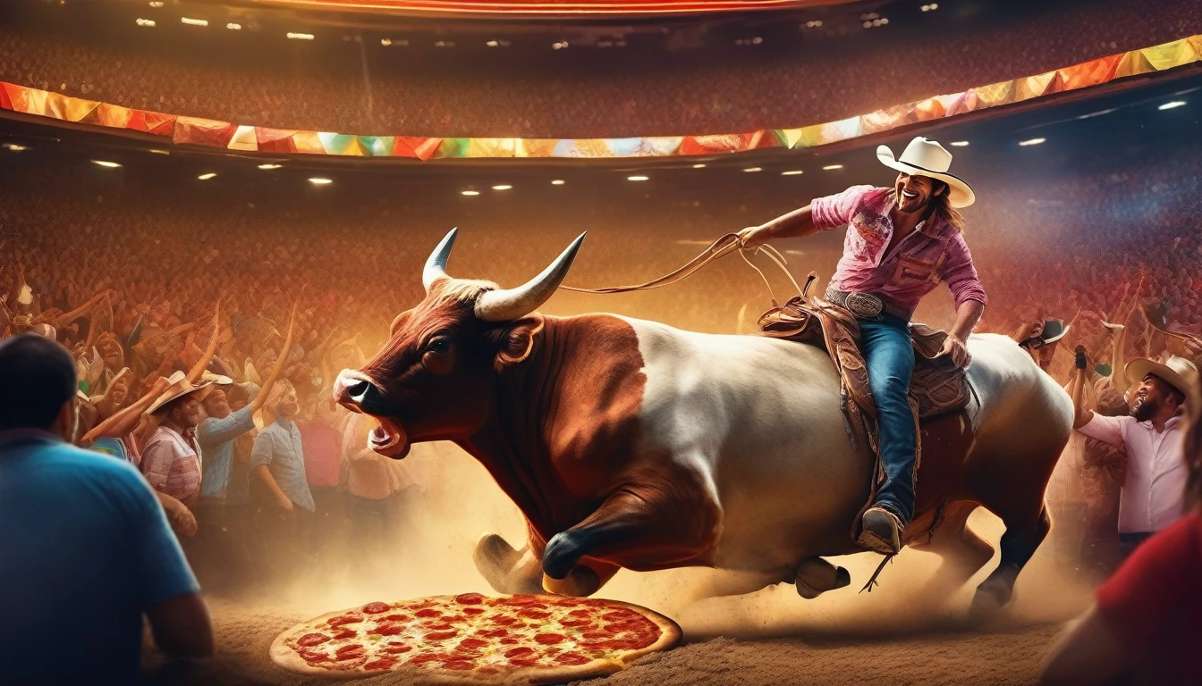 A colorful and eclectic photograph in a photorealistic and cinematic style. A rodeo rider riding a fighting bull, with a slice of pizza in his hand. The bull jumps furiously and the worker on top of him smiles, holding a slice of pizza. The setting is an arena with a huge audience watching the rodeo. With a playful and magical atmosphere, the work presents a layered, three-dimensional quality, as if different elements had been glued to the canvas in a natural and realistic way. The composition evokes a feeling of introspection and complexity of thought. The mixed media feel of the piece contributes to the tactile and immersive experience, inviting the viewer to explore the depths of the pedestrian's thoughts and emotions. Add more, photo, fashion, vibrant, 3D rendering, cinematic.