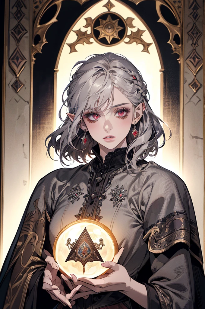femme de 50 ans, Middle-aged European, ((trentenaire)), solo, medieval tavern, [ghotic] full lips, [[Short hair]], (visage de forme ovale), (Heavenly Nose), wears a cape, peau claire et chaude, red eyes, doe eyes, short hair, very silver hair, very light, wavy hair, elfe ears, Long cils, ((dark medieval clothes)), Glow, ghotic, elegant, tendance sur artstation, makeup, lipstick, inkshadow, (((Masterpiece artwork))), ((best quality)), ((complex detailed)), ((semi-realistic)), (se concentrer uniquement), (visage parfait:1.1), (high detail:1.1), dark