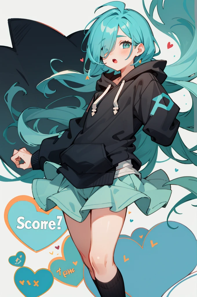 score_9, score_8_up, score_7_up, score_6_up, 1boy, long cyan hair, hair over one eye, oversized hoodie, exposed lower half, heart shaped floating icons