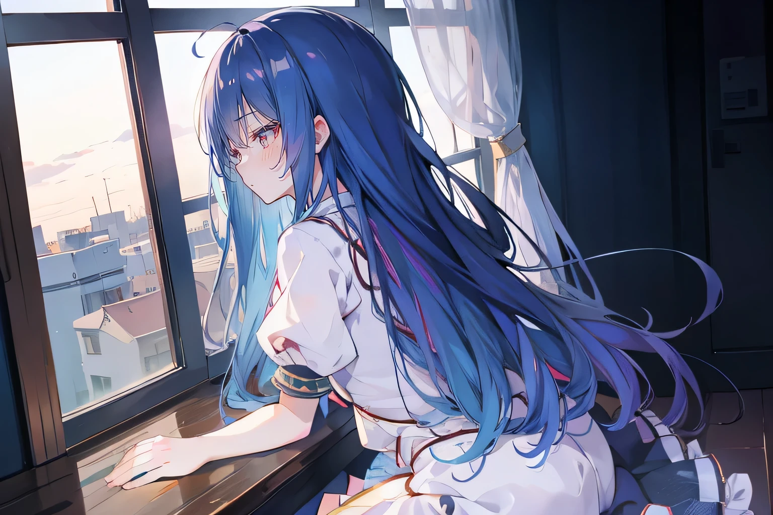 Anime Girl sitting on window sill drinking coffee and looking out the window, (Anime Girl), Anime cute art style, seductive Anime Girl, Beautiful anime high school, Cute girl anime visual, Night Core, Best Girl in Anime, young Anime Girl,dark blue long hair,Sit by the window,back views.