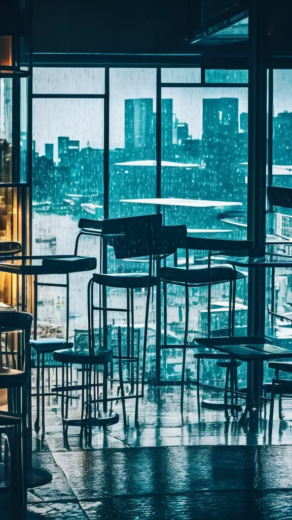 rain,Inside the cafe,View from the window,A broader perspective,Chic cityscape,busy,mysterious
