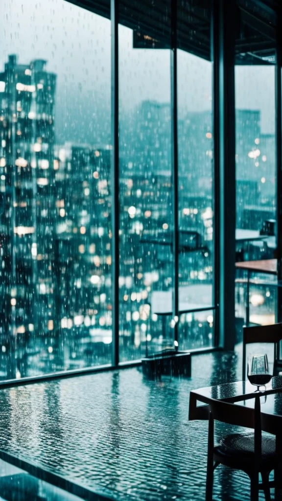 rain,Inside the cafe,View from the window,A broader perspective,Chic cityscape,busy,mysterious