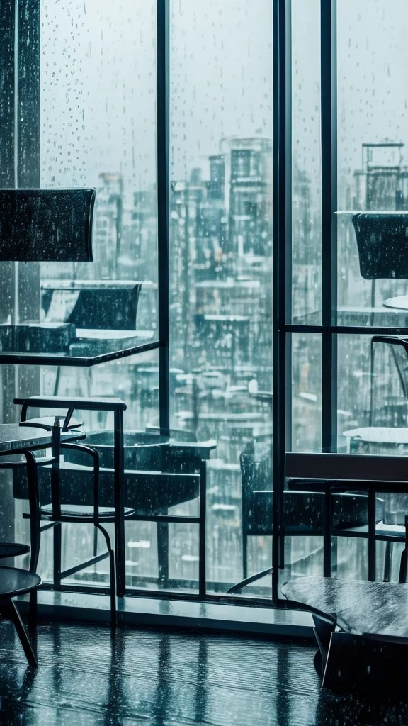 rain,Inside the cafe,View from the window,A broader perspective,Chic cityscape,busy,mysterious