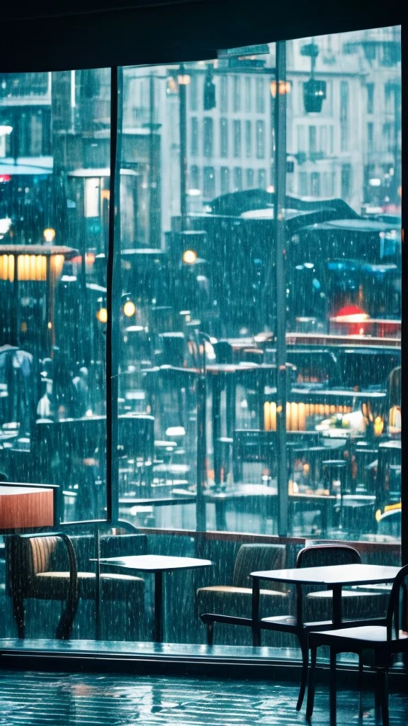 rain,Inside the cafe,View from the window,A broader perspective,Chic cityscape,busy,mysterious