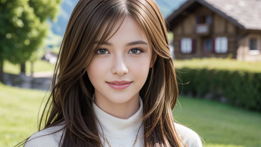 masterpiece, Best Quality, Photorealistic, Ultra-detailed, finely detailed, High resolution, 8K Wallpaper, 1 beautiful woman, light brown hair, foco nítido, Perfect dynamic composition, Beautiful detailed eyes, detailed hairs, Detailed realistic skin texture, Smiling, portrait, Model body type, The background is the village of Grindelwald, Switzerland,