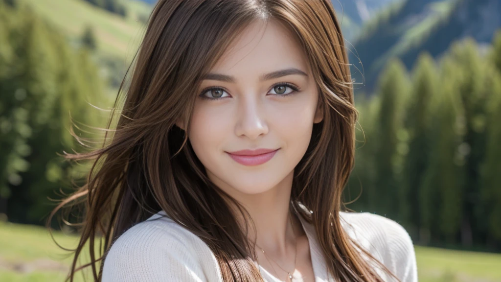 masterpiece, Best Quality, Photorealistic, Ultra-detailed, finely detailed, High resolution, 8K Wallpaper, 1 beautiful woman, light brown hair, foco nítido, Perfect dynamic composition, Beautiful detailed eyes, detailed hairs, Detailed realistic skin texture, Smiling, portrait, Model body type, The background is the village of Grindelwald, Switzerland,