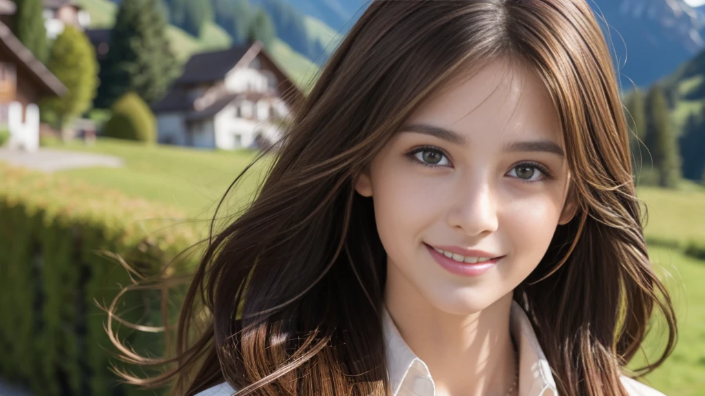 masterpiece, Best Quality, Photorealistic, Ultra-detailed, finely detailed, High resolution, 8K Wallpaper, 1 beautiful woman, light brown hair, foco nítido, Perfect dynamic composition, Beautiful detailed eyes, detailed hairs, Detailed realistic skin texture, Smiling, portrait, Model body type, The background is the village of Grindelwald, Switzerland,