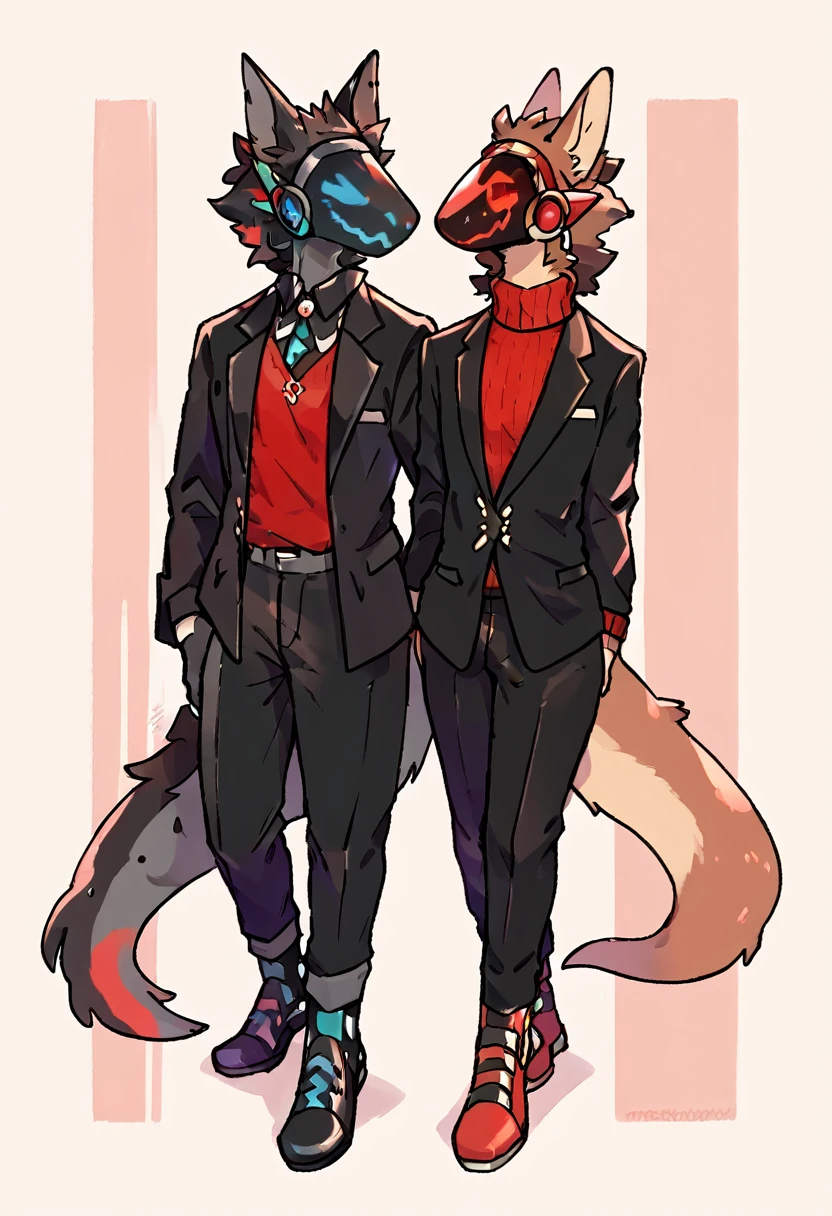 Deep chestnut brown furry protogenic furry in a fiery red sweater, elegant black dress pants, black technical boots, elegant black jacket and red protogen visor details