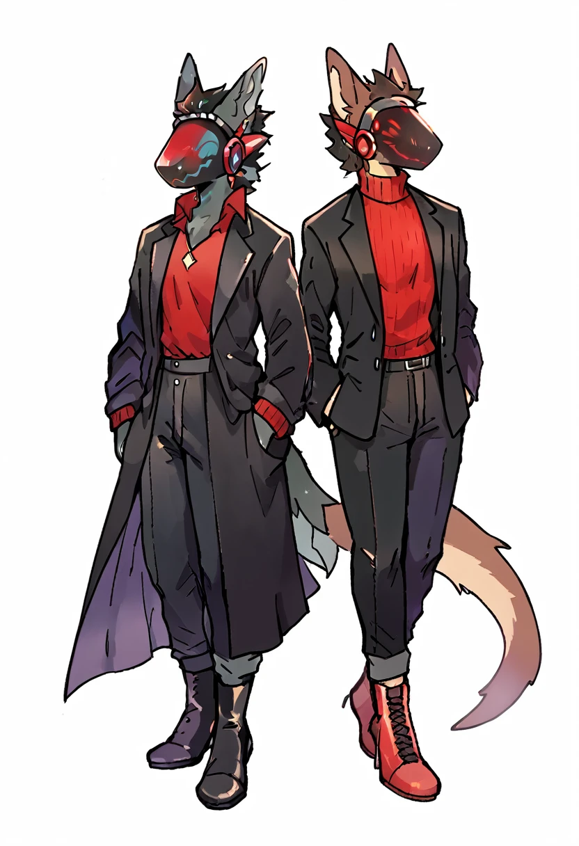 Deep chestnut brown furry protogenic furry in a fiery red sweater, elegant black dress pants, black technical boots, elegant black jacket and red protogen visor details