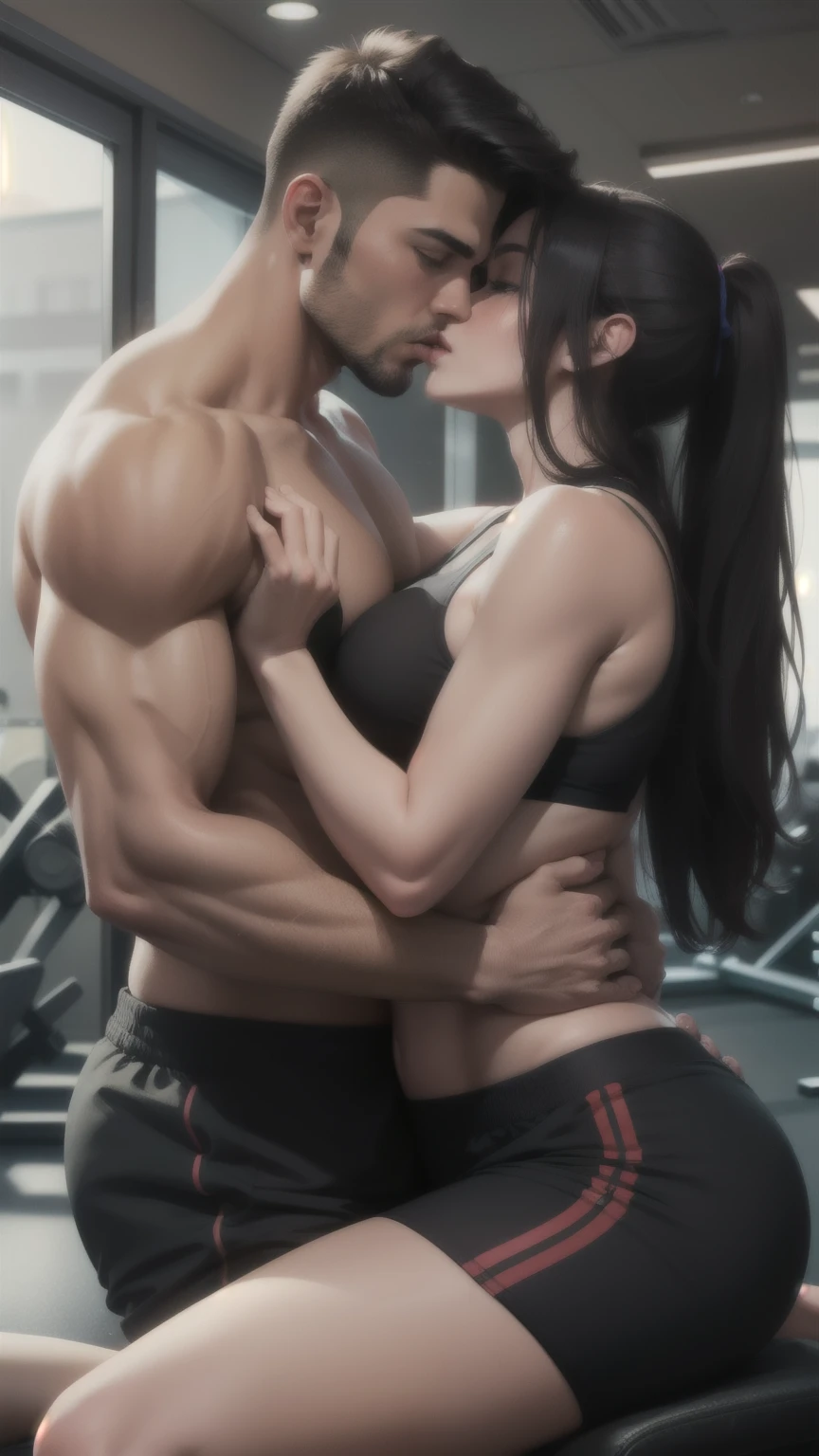 1woman, 1man, duo, Italian man with getting force to mate with asian woman, the man is muscular, the man skin is brown, woman sitting on man laps, woman leans on the man chest, woman arms over man shoulder, man grab woman waist, Tounge kissing, shiny skin, aroused, the man is shirtless, man wearing shorts, woman wearing sport bra with sleeves, woman wearing sweat pants, this scene is shoot at the gym, side view,Realisian-Neg