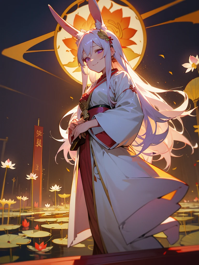 Buddha, rabbit ears, long white hair, Red Japanese pattern dress, portable shrine, festival, Angel Halo, lotus flower field, purple eyes, smile, 日の丸
, lotus bouquet, gold screen, paradise, Rose hair ornament