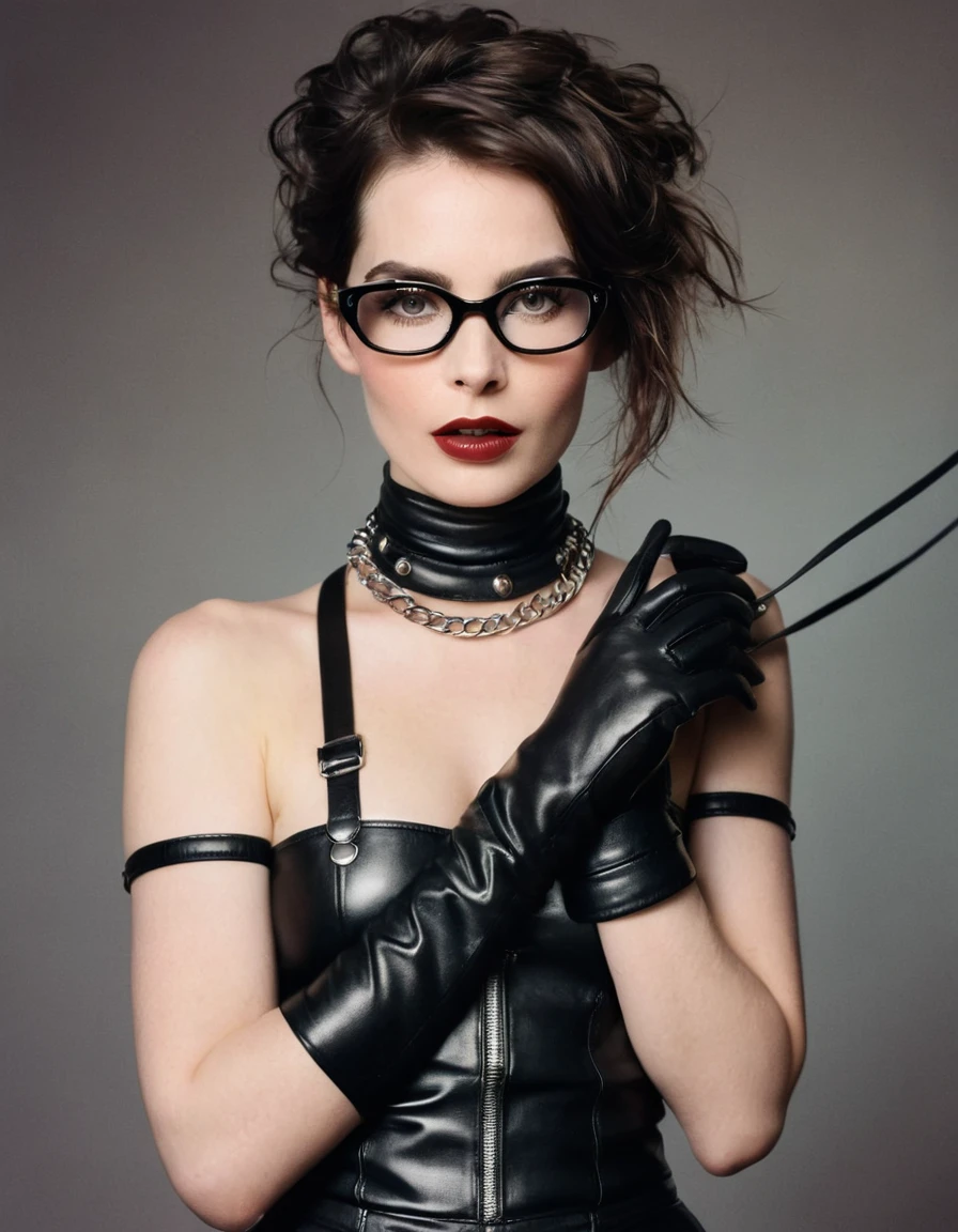 A polaroid shot of an intelligent 35-year-old dominant brunette with disheveled hair, a very thin face, pale white skin, very high cheekbones, large full lips, the largest lips, small glasses, deep mouth, dark plump glossy lips, very bright makeup. Very thin. Naked sexy model. in bdsm style. Wearing in leather gloves. A magnificent hairstyle. Shiny steel bracelets on top of black gloves. and Shiny steel bracelet necklaces are on her wrists. On her head, face and mouth, she has a leather harness. Leather garters on his feet. Full body. standing with both hands on hips for a photo shoot. A sexy pose.