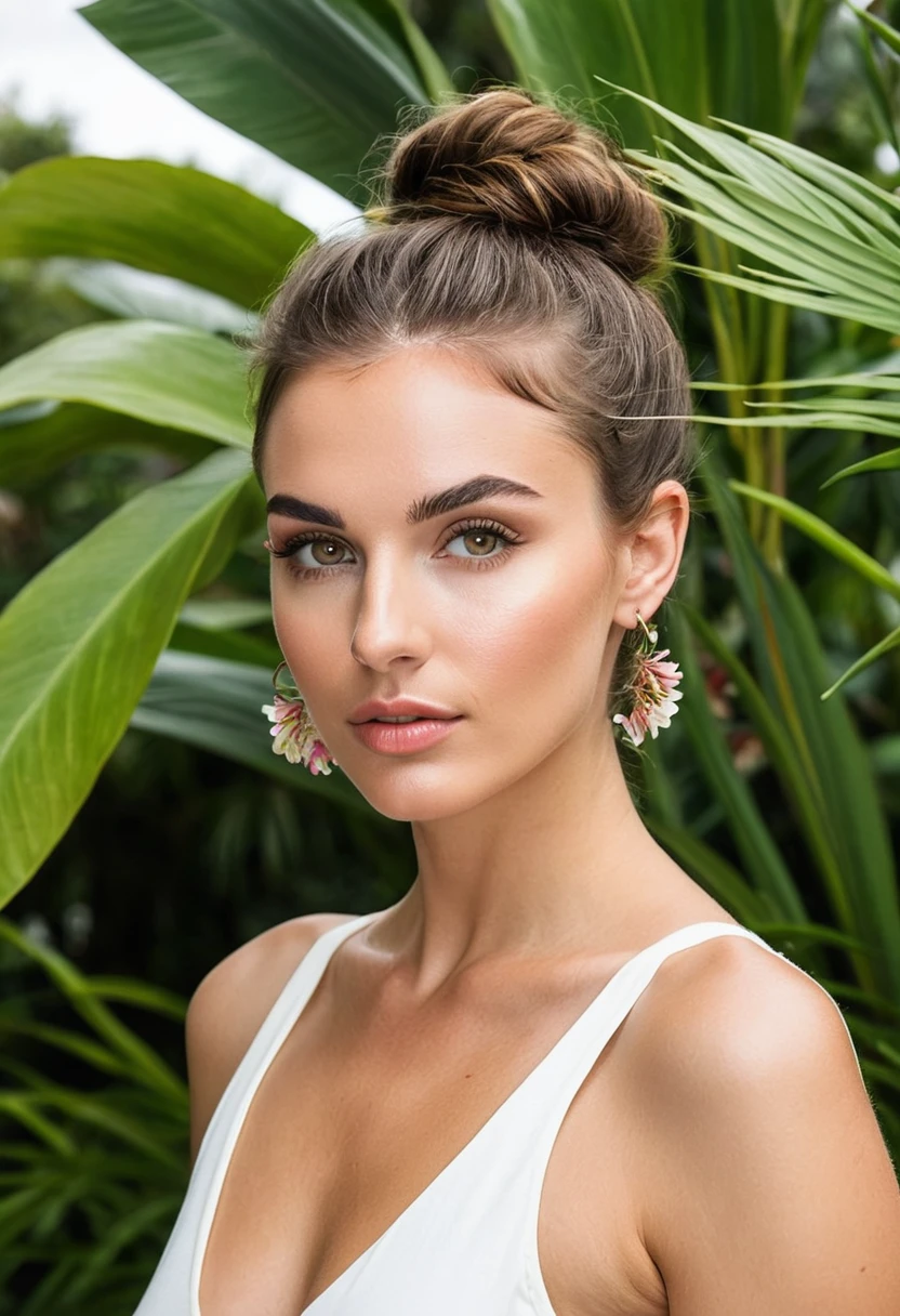 beautiful brunette, wavy brown hair in a loose bun, ((full eyebrows with subtle microblading)), (((spontaneous pose, walking carefree among the plants, curious look at an exotic flower))). from front view (((in a tropical botanical garden))). highy detailed, 20 year, ((brown eyes with pronounced limbal rings)). (((Nose with straight back, slightly rounded tip, harmonious proportion with the face, symmetrical and refined nostrils))). ((Medium, well-defined lips, soft cupid's bow, natural redness around the edges, smooth texture with visible hydration)). high resolution, work of art. Pele realista Fitzpatrick VI, visible dermatoglyphics on the chin, mild post-inflammatory hyperpigmentation. ((Wearing a low-cut linen jumpsuit)). excellent quality, extremely detaild, sharp focus, 4K, ((number Hasselblad X2D, 90mm f/2.5)), Fujifilm Pro Neg color vision. Hi. slenderbody, photoshot_(ultra), photoshotrrealismo, 8k hd, photoshotgrafia (film grain) medium shot for filming (((backlighting with soft fill light))) Em primeiro plano