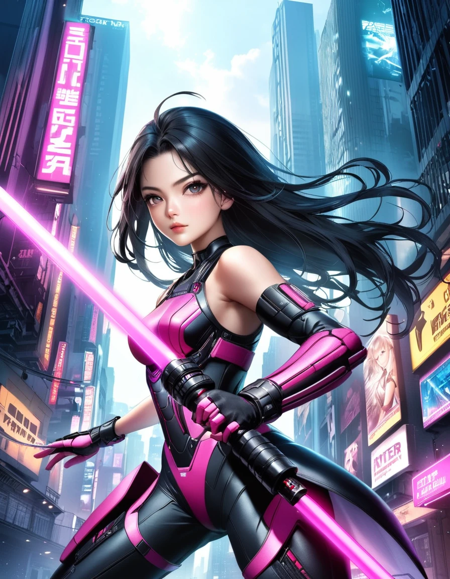 ultra realistic, hollywood blockbuster movie poster), (title logo “ENTER THE LIGHT CITY”), cyberpunk city background, cyber samurai girl, black hair, long hair, hold light saber, pink cyber samurai armor, (action pose),