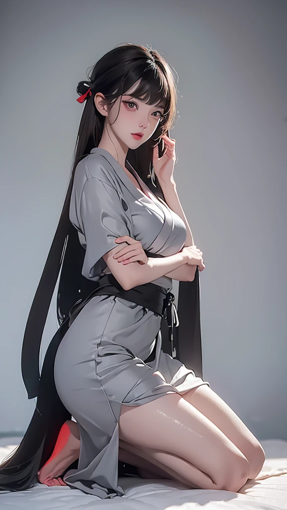((best quality, 8K, masterpiece :1.3)), Clear focus:1.2 ， Photorealistic，(light)，Facial detail texture. Eye details. Double eyelids, slim body. Super small breasts, Sexy clavicle，12 year old girl, Photo-realistic:1.37，Perfect eyes, ((1 Girl in a gray yukata))，（White belt），(Thick cloth)，((Ripped Linen))，There are pictures，Dark brown hair，Long hair draped loosely，Bangs，Kneeling in the snow，barefoot，Put your hands behind your back，Kneeling，Full body portrait，Short sleeve，Short skirt，Show your thighs，Wrinkles，((Solid color background))，Very shy，blush，Get wet