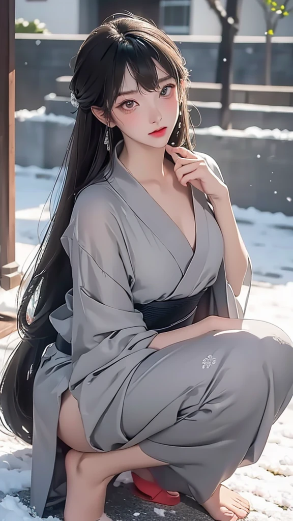 ((best quality, 8K, masterpiece :1.3)), Clear focus:1.2 , Photorealistic,(light),Facial detail texture. Eye details. Double eyelids, slim body. Super small breasts, Sexy clavicle,12 year old girl, Photo-realistic:1.37,Perfect eyes, ((1 Girl in a gray yukata)),(White belt),(Thick cloth),((Ripped Linen)),There are pictures,Dark brown hair,Long hair draped loosely,Bangs,Kneeling in the snow,barefoot,Put your hands behind your back,Kneeling,Full body portrait,Short sleeve,Short skirt,Show your thighs,Wrinkles,((Solid color background)),Very shy,blush,Get wet