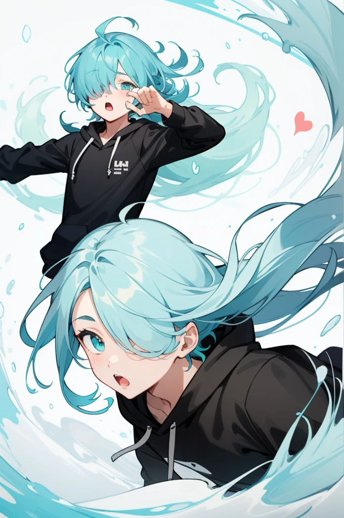 score_9, score_8_up, score_7_up, score_6_up, 1boy, long cyan hair, hair over one eye, oversized hoodie, exposed lower half, heart shaped floating icons