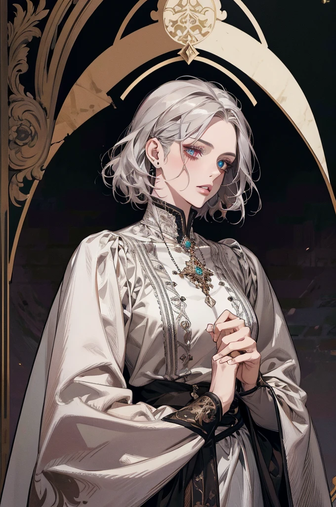 femme de 50 ans, Middle-aged European, ((trentenaire)), solo, medieval tavern, [ghotic] full lips, [[Short hair]], (visage de forme ovale), (Heavenly Nose), wears a cape, peau claire et chaude, red eyes, doe eyes, short hair, very silver hair, very light, wavy hair, elfe ears, Long cils, ((dark medieval clothes)), Glow, ghotic, elegant, tendance sur artstation, makeup, lipstick, inkshadow, (((Masterpiece artwork))), ((best quality)), ((complex detailed)), ((semi-realistic)), (se concentrer uniquement), (visage parfait:1.1), (high detail:1.1), dark