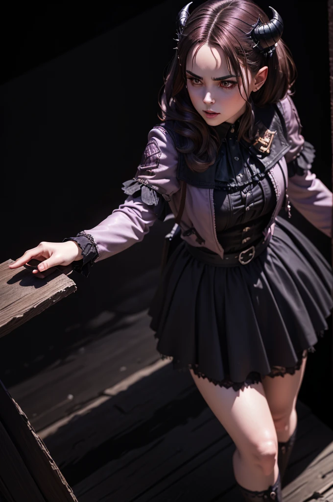 a demonic succubus woman with purple wings and tail, brown hair, golden eyes, thin purple horns, wearing a white dress with a leather jacket, fine facial features and almond-shaped eyes, (best quality,4k,8k,highres,masterpiece:1.2),ultra-detailed,(realistic,photorealistic,photo-realistic:1.37),digital painting,concept art,fantasy,dark fantasy,dramatic lighting,dramatic shadows,cinematic,moody,vibrant colors,glowing eyes
