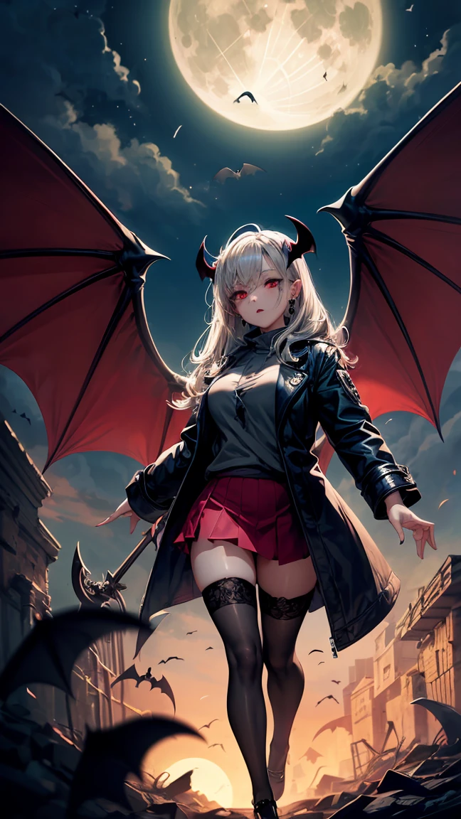 (Highest quality,Very detailed,High resolution:1.2),One Girl,Gray Hair,The most beautiful girl in human history,Has a very large kiln ,暗い red eyes (暗いred eyes:1.1),暗い aura(aura:1.1),(mysterious,Ghostly:1.1) atmosphere,Looks like half a demon,(Demonic traits,Devilish Features),(Elaborate,Brilliant) Earrings,Black Stockings,mini skirt,A long coat torn to shreds,Grim Reaper-like Appearance,It has huge bat-like wings,A big full moon shines in the dark night sky