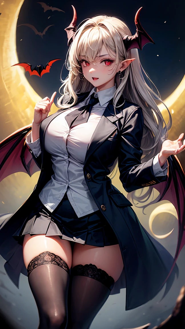 (Highest quality,Very detailed,High resolution:1.2),One Girl,Gray Hair,The most beautiful girl in human history,Has a very large kiln ,暗い red eyes (暗いred eyes:1.1),暗い aura(aura:1.1),(mysterious,Ghostly:1.1) atmosphere,Looks like half a demon,(Demonic traits,Devilish Features),(Elaborate,Brilliant) Earrings,Black Stockings,mini skirt,A long coat torn to shreds,Grim Reaper-like Appearance,It has huge bat-like wings,A big full moon shines in the dark night sky