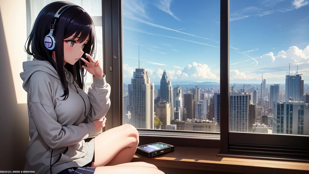 Ultra-high resolution, 8k, (Official Art, beautifully、mysterious:1.2), Anime Art Wallpaper, Works by Makoto Xin Haicheng, Lofi Art Style, Lo-fi feel, Perfect human body engineering, 1 female, Impressive eyes, Oversized hoodie and short skirt, Shiny long black hair, Larger than average bust, Listening to music through headphones, Looking out the window, City Room, A room for music lovers, city view from the window, Impressive cityscape, Bright Sky, meteor, Wide angle, Before dusk
