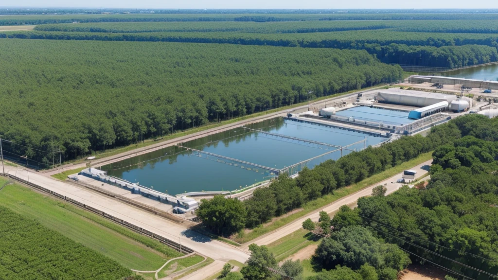 Two mechanically agitated flocculation tanks，，Aerial View，Water treatment equipment，Water treatment plant，Top quality，16K，Surrounded by large areas of water and greenery