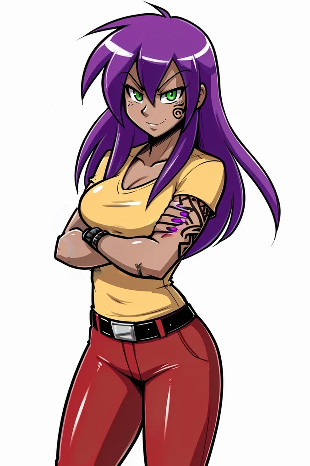 (adult, sketch-ish, 2d, absurdres, best quality, uploaded on e621), (by uc77, by zeekzag, by skidd, by john joseco, by kadath, by bigdad, by shonuff, by scappo), ((white background, no background:1.4)), (waist portrait, manga styled, manga styled eyes, intense pupils, getter robo styled eyes), ((red pants, bermuda pants, knee-length pants:1.4)), ((adult, light dark skin, female, human, spanish, latin:1.2)), (medium straight hair, bright purple hair), (green eyes:1.5), (mischievous and sinister expression, not entirely evil, closed smile, angry eyebrows), [small lipstick], yellow shirt, grey pants or jeans, (fancy weaponized fingernails, tattoos all over arms up to the wrist of the hands, glowing purple nails, tattoos on face), crossed arms