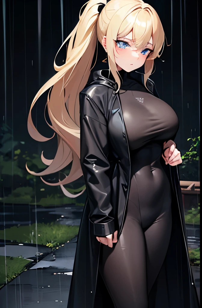 blonde,ponytail,He is wearing a long black raincoat over a tight black suit.,blue eyes,Large Breasts,thin,Serious face,blush,rain,forest,night,Downward,Gloomy face,Full body view